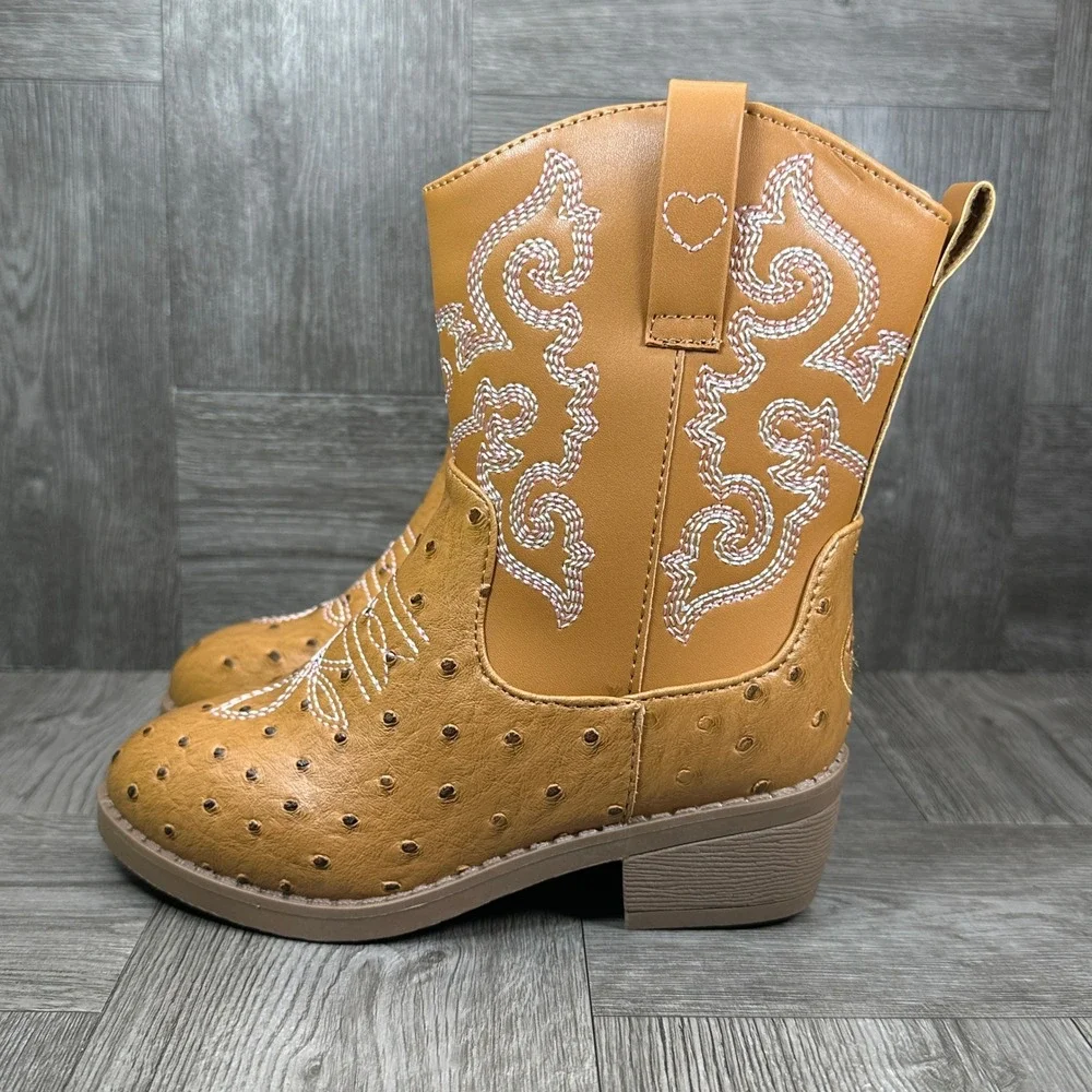 Pawz Western Boots Kids Size 10 Brown Ostrich Print Embroidered Zipper NEW